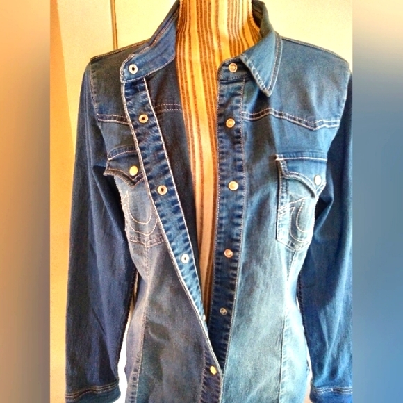 True Religion Pearl Snap Western Denim Shirt - l & xl - Picture 4 of 12